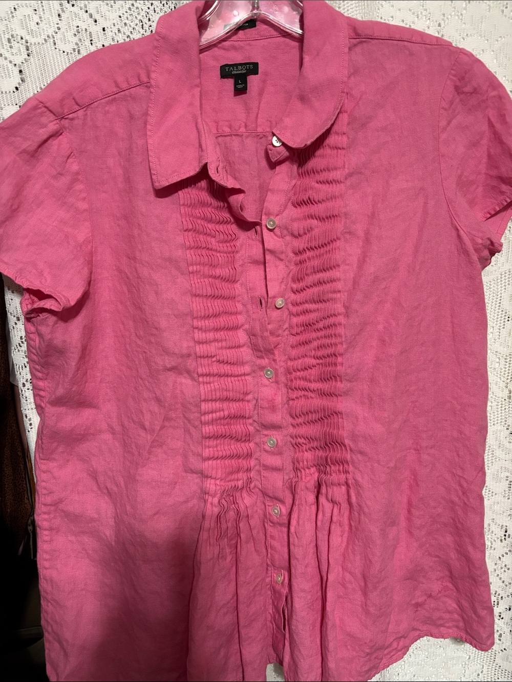 Talbots Bright Pink Short Sleeve Ruffle-Front Button Down Top